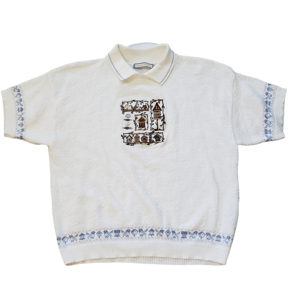 Chelsea Gardens Womens L Embossed Embroidered Bird Garden Collared Shirt